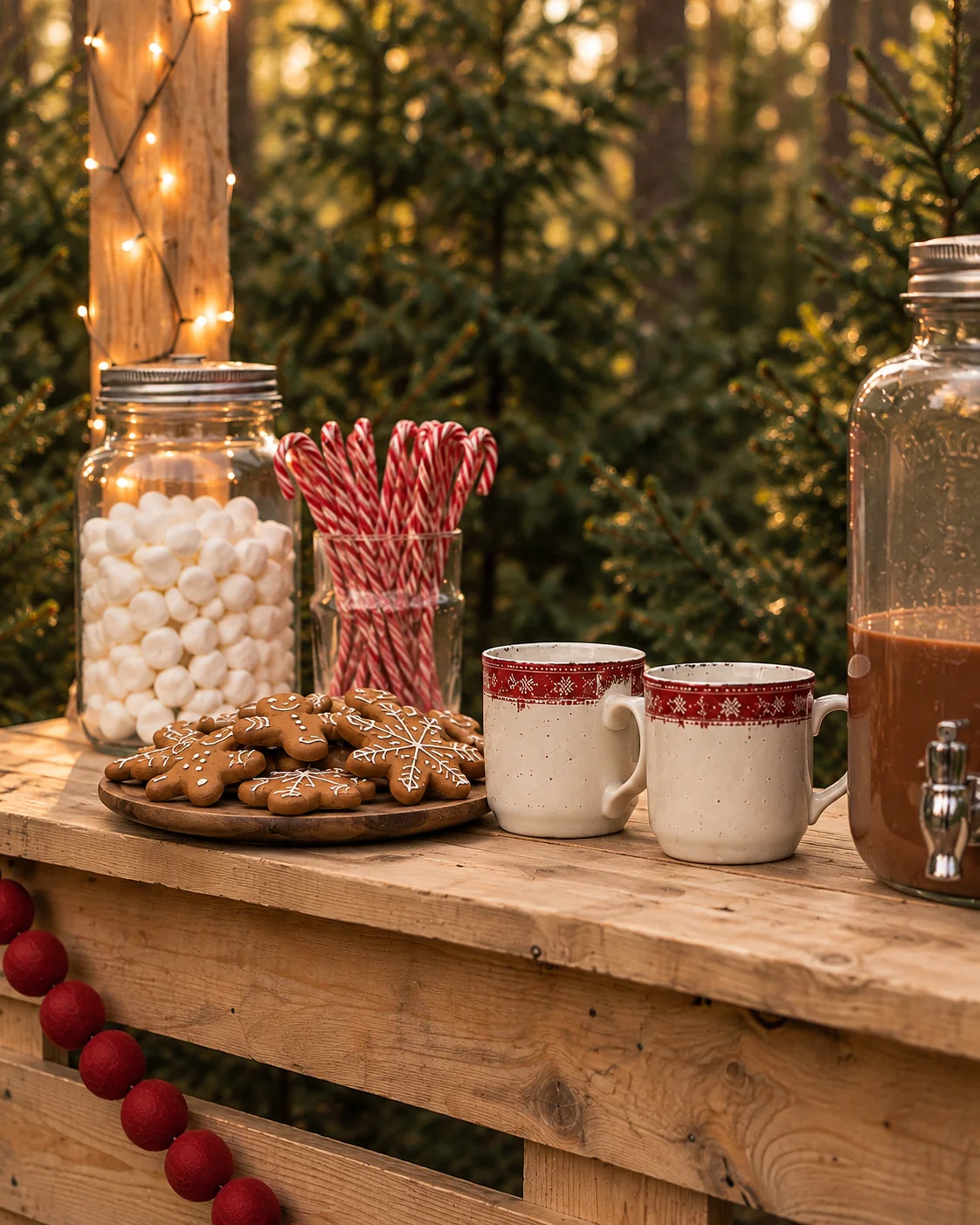 Detail pultu: talíř perníčků, sklenice s marshmallows, cukrové hůlky, dva hrnky a nádoba s horkým kakaem