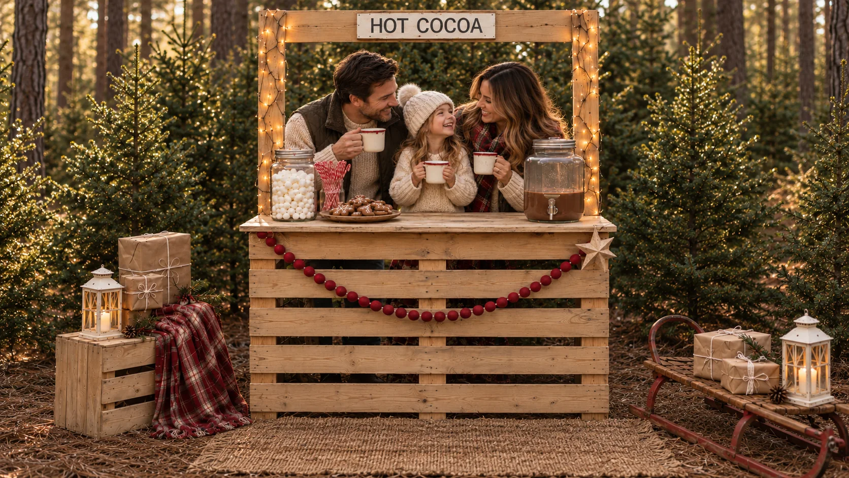 Rodiče s malou dcerou u stánku Hot Cocoa drží hrnky s kakaem, kolem světýlka, károvaná deka a dárky